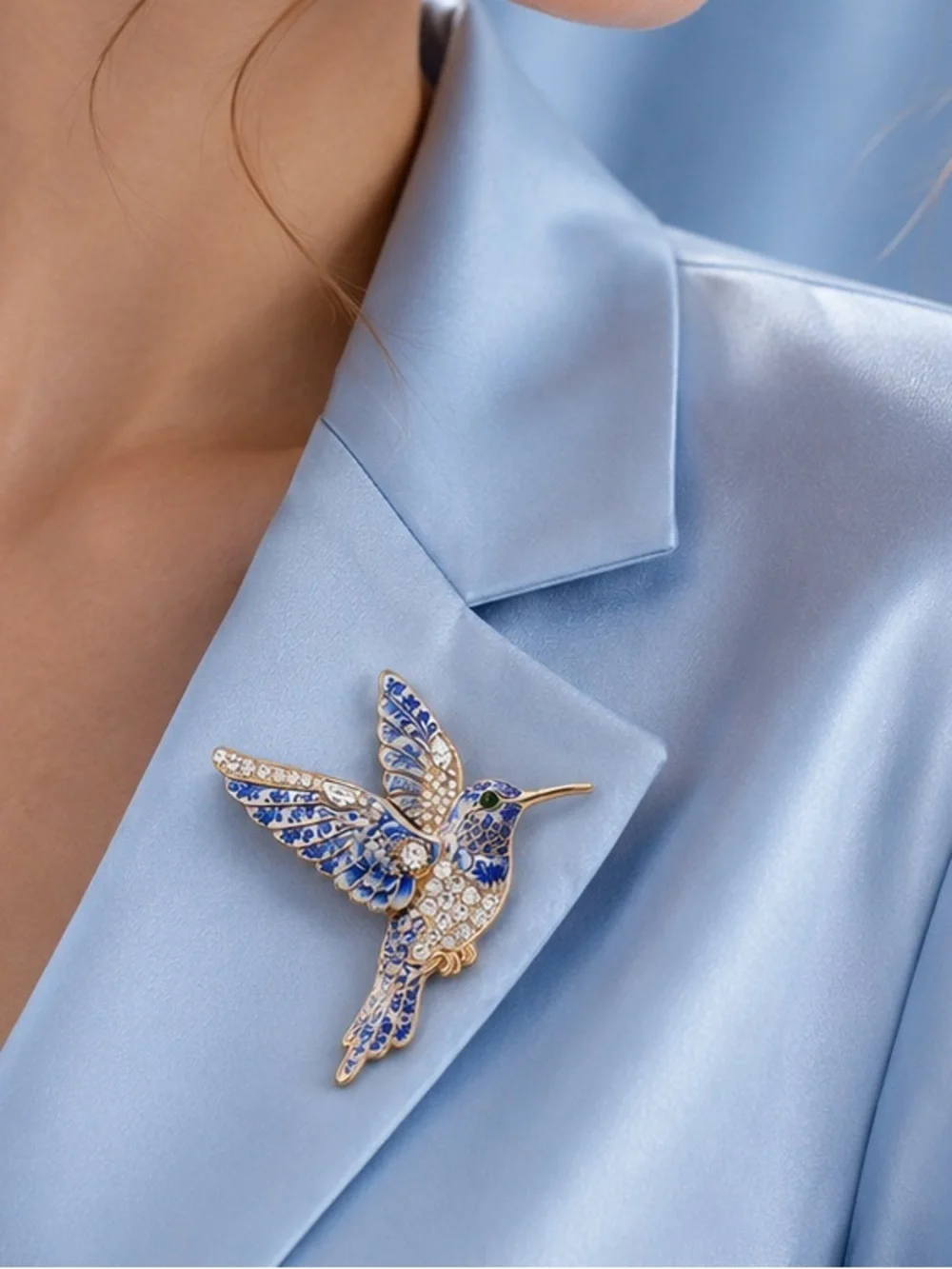Blue Crystal Hummingbird Brooch